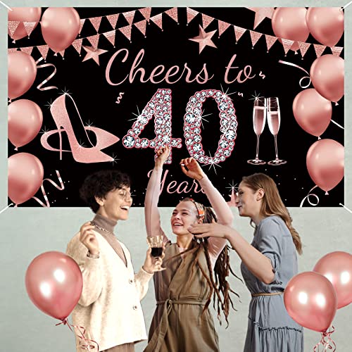 Cheers to 40 Years Banner Backdrop for 40th Birthday Decorations, Rose Gold 40 Year Old Birthday Party Supplies for Women, 40 Bday Decorations Party Banner Photography Background 72.8 x 43.3 Inch