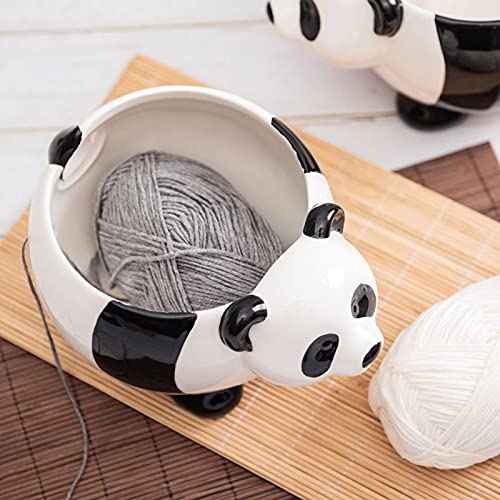 JFBUCF Panda Ceramic Yarn Bowl, Yarn Storage Bowl with Holes, Yarn Ball Holder Knitting Bowl Wool Storage Basket for Craft Crocheting Kit Organizer, 8x4.7inch