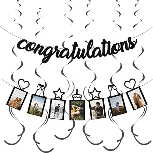 Concico Congratulations Banner and Hanging Swirls for Graduation,Congratulations,Engagement Party Decorations(Black Glitter)
