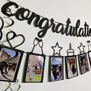 Concico Congratulations Banner and Hanging Swirls for Graduation,Congratulations,Engagement Party Decorations(Black Glitter)