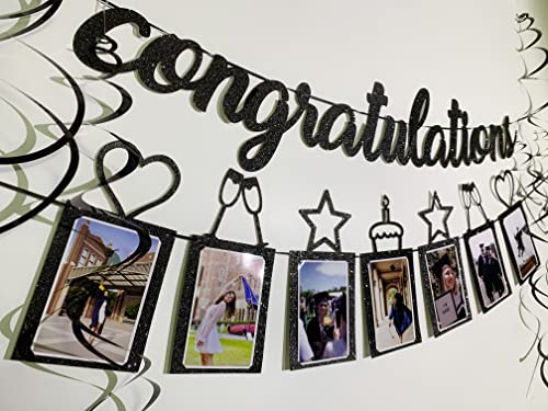 Concico Congratulations Banner and Hanging Swirls for Graduation,Congratulations,Engagement Party Decorations(Black Glitter)