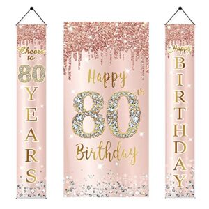 80th birthday door banner decorations for women, pink rose gold happy 80th birthday door cover & porch backdrop party supplies, large 80 year old birthday sign decor for outdoor indoor