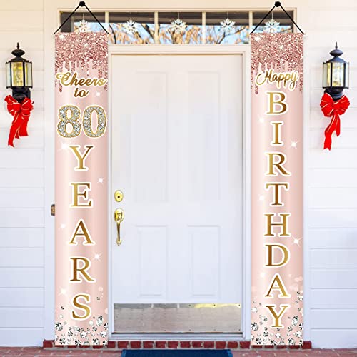 80th Birthday Door Banner Decorations for Women, Pink Rose Gold Happy 80th Birthday Door Cover & Porch Backdrop Party Supplies, Large 80 Year Old Birthday Sign Decor for Outdoor Indoor