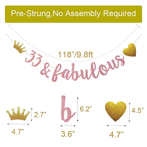 33 & fabulous Banner, Pre-Strung, No Assembly Required, Funny Rose Gold Paper Glitter Party Decorations for 33rd Birthday Party Supplies, Letters Rose Gold,ABCpartyland