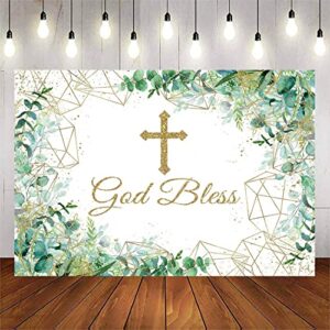 avezano god bless backdrops first holy communion banner baptism christening party decorations eucalyptus green leaves newborn baby shower baptism photography background 7x5ft