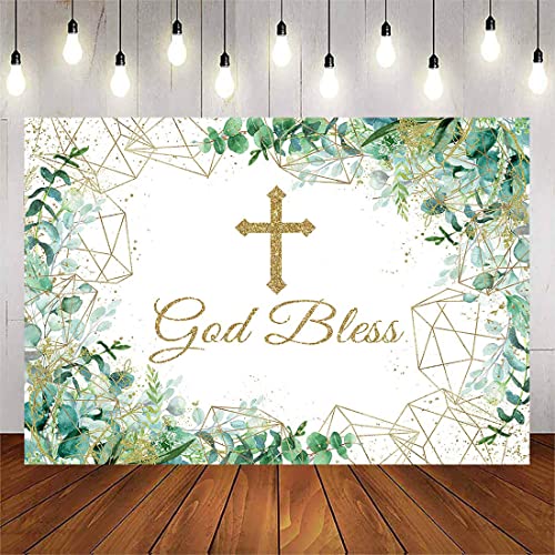 Avezano God Bless Backdrops First Holy Communion Banner Baptism Christening Party Decorations Eucalyptus Green Leaves Newborn Baby Shower Baptism Photography Background 7x5ft