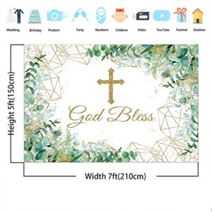 Avezano God Bless Backdrops First Holy Communion Banner Baptism Christening Party Decorations Eucalyptus Green Leaves Newborn Baby Shower Baptism Photography Background 7x5ft