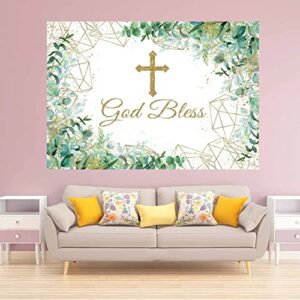 Avezano God Bless Backdrops First Holy Communion Banner Baptism Christening Party Decorations Eucalyptus Green Leaves Newborn Baby Shower Baptism Photography Background 7x5ft