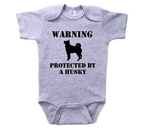 Warning Protected by A Husky/Trendy Dog Onesie for Babies (0-3M, Grey SS (Black Text))