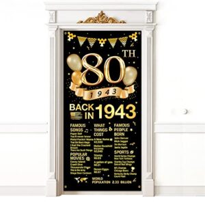 80th birthday door cover banner decorations, black gold happy 80th birthday door cover party supplies, large eighty year old birthday poster backdrop sign decor