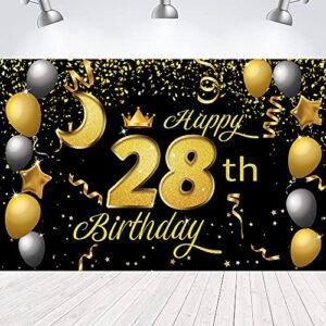 sweet happy 28th birthday backdrop banner poster 28 birthday party decorations 28th birthday party supplies 28th photo background for girls,boys,women,men – black gold 72.8 x 43.3 inch