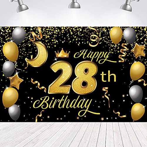 Sweet Happy 28th Birthday Backdrop Banner Poster 28 Birthday Party Decorations 28th Birthday Party Supplies 28th Photo Background for Girls,Boys,Women,Men - Black Gold 72.8 x 43.3 Inch