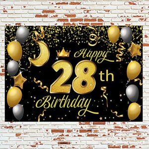 Sweet Happy 28th Birthday Backdrop Banner Poster 28 Birthday Party Decorations 28th Birthday Party Supplies 28th Photo Background for Girls,Boys,Women,Men - Black Gold 72.8 x 43.3 Inch