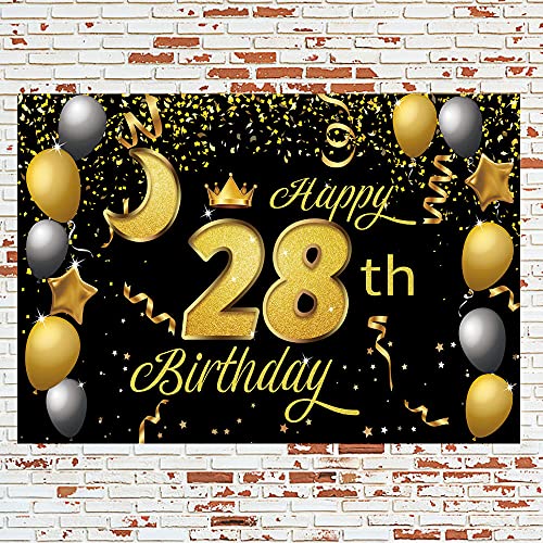 Sweet Happy 28th Birthday Backdrop Banner Poster 28 Birthday Party Decorations 28th Birthday Party Supplies 28th Photo Background for Girls,Boys,Women,Men - Black Gold 72.8 x 43.3 Inch