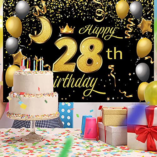 Sweet Happy 28th Birthday Backdrop Banner Poster 28 Birthday Party Decorations 28th Birthday Party Supplies 28th Photo Background for Girls,Boys,Women,Men - Black Gold 72.8 x 43.3 Inch