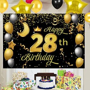 Sweet Happy 28th Birthday Backdrop Banner Poster 28 Birthday Party Decorations 28th Birthday Party Supplies 28th Photo Background for Girls,Boys,Women,Men - Black Gold 72.8 x 43.3 Inch