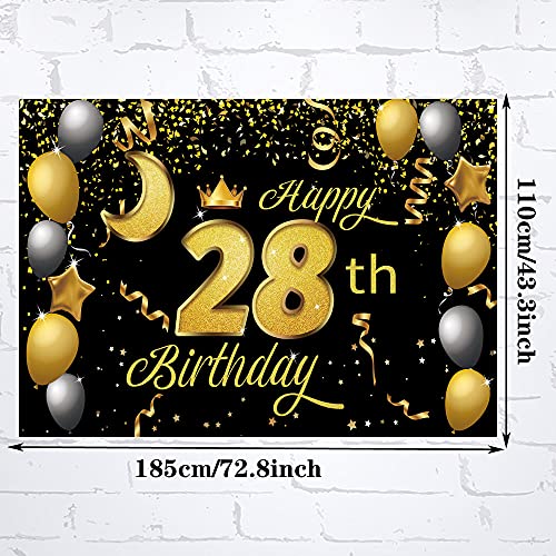 Sweet Happy 28th Birthday Backdrop Banner Poster 28 Birthday Party Decorations 28th Birthday Party Supplies 28th Photo Background for Girls,Boys,Women,Men - Black Gold 72.8 x 43.3 Inch