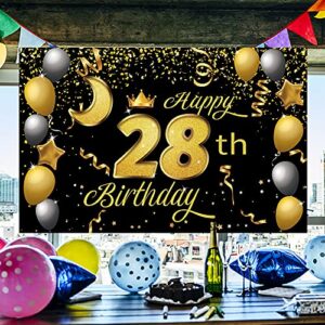 Sweet Happy 28th Birthday Backdrop Banner Poster 28 Birthday Party Decorations 28th Birthday Party Supplies 28th Photo Background for Girls,Boys,Women,Men - Black Gold 72.8 x 43.3 Inch