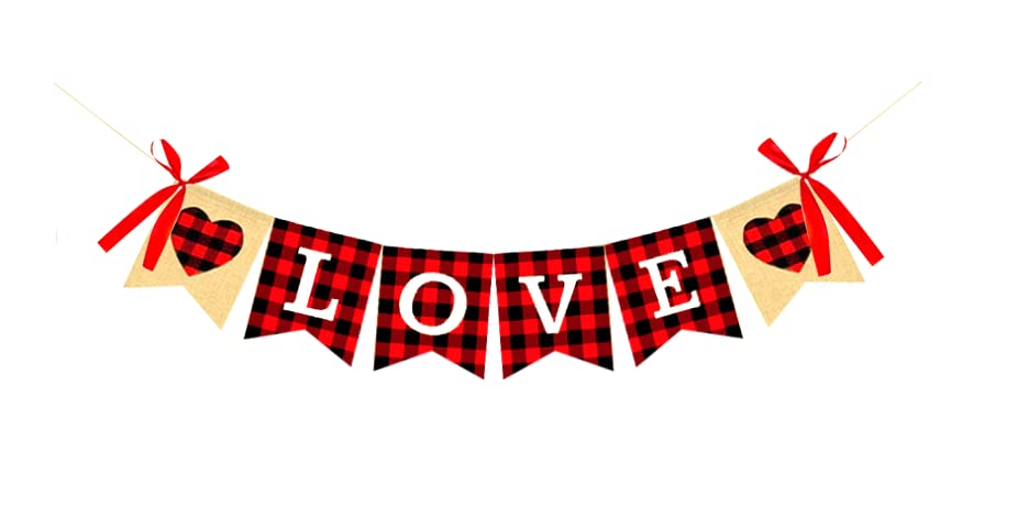 Gukuu&co Valentine's Day Decoration Buffalo Plaid Burlap Banner Red Love Signs for Wedding Anniversary Valentine's Decor