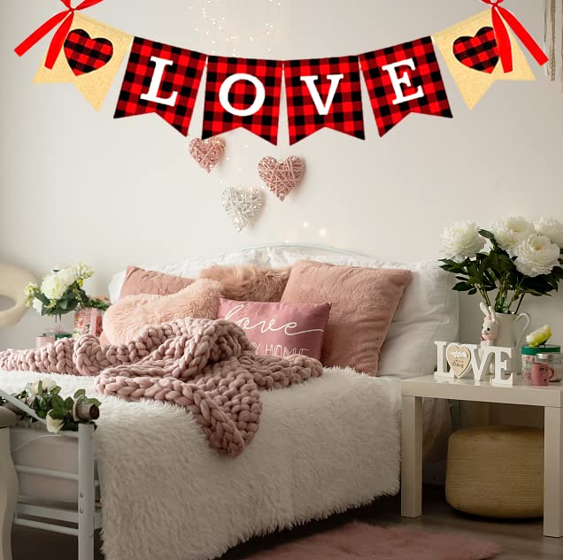 Gukuu&co Valentine's Day Decoration Buffalo Plaid Burlap Banner Red Love Signs for Wedding Anniversary Valentine's Decor