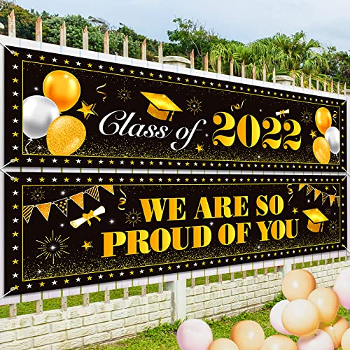 KIZZYEA Graduation Decorations 2022 - 2 Pcs Congrats Grad Banners for Class of 2022 and Proud of You Congratulations Banner Graduation Party Supplies Yard Sign Backdrop for Indoor Outdoor