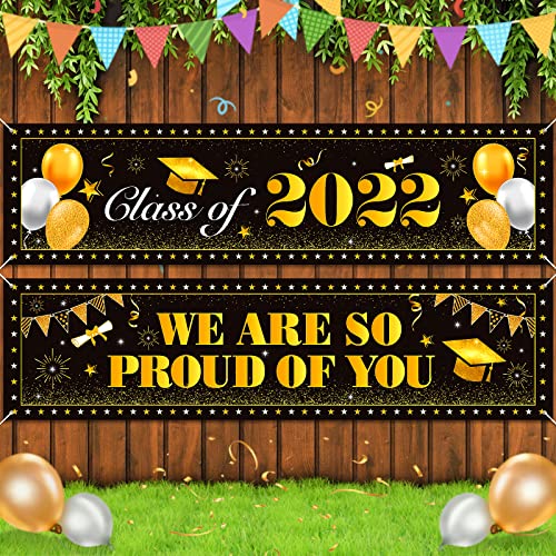 KIZZYEA Graduation Decorations 2022 - 2 Pcs Congrats Grad Banners for Class of 2022 and Proud of You Congratulations Banner Graduation Party Supplies Yard Sign Backdrop for Indoor Outdoor