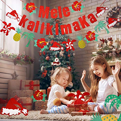 3 Pieces Mele Kalikimaka Banner Hawaiian Christmas Garland Glittering Winter Holiday Party Banner Decor Supplies Mantle Family Home Pre-Strung Decor