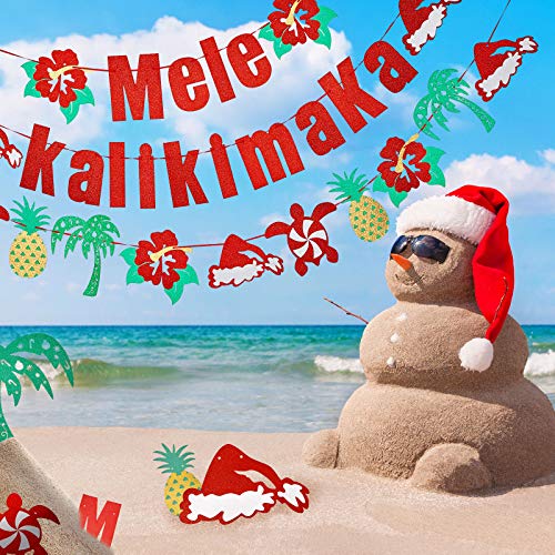 3 Pieces Mele Kalikimaka Banner Hawaiian Christmas Garland Glittering Winter Holiday Party Banner Decor Supplies Mantle Family Home Pre-Strung Decor