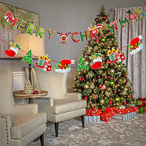 POSUGU Merry Christmas Banners Party Decoration Hanging Bunting Set 5 Pcs Indoor Garland Wall Window Fireplace Decor Xmas DIY Signs Ornament Home Office Scene Supplies, Red&Green, 7.3*6.1*1.5inch