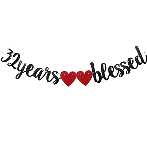 32 Years Blessed Banner,Pre-Strung, Black Paper Glitter Party Decorations For 32ND Wedding Anniversary 32 Years Old 32ND Birthday Party Supplies Letters Black ZHAOFEIHN