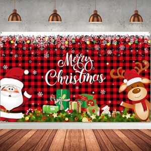 christmas backdrop banner santa claus reindeer party background decoration for xmas holiday photo booth photography props wall hanging decor, 72.8 x 43.3 inch (black-red,plaid pattern)