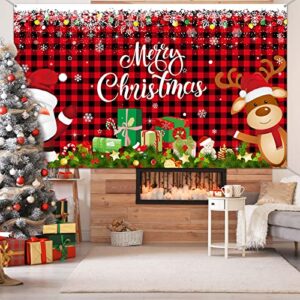 Christmas Backdrop Banner Santa Claus Reindeer Party Background Decoration for Xmas Holiday Photo Booth Photography Props Wall Hanging Decor, 72.8 X 43.3 Inch (Black-red,Plaid Pattern)