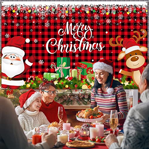 Christmas Backdrop Banner Santa Claus Reindeer Party Background Decoration for Xmas Holiday Photo Booth Photography Props Wall Hanging Decor, 72.8 X 43.3 Inch (Black-red,Plaid Pattern)