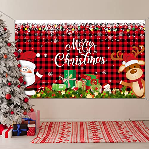 Christmas Backdrop Banner Santa Claus Reindeer Party Background Decoration for Xmas Holiday Photo Booth Photography Props Wall Hanging Decor, 72.8 X 43.3 Inch (Black-red,Plaid Pattern)