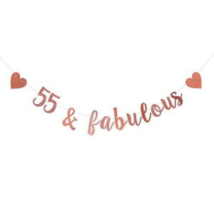 55 & fabulous banner, happy 55th birthday bunting sign, hello 55/cheer to 55 years birthday/anniversary party decoration supplies, rose gold glitter