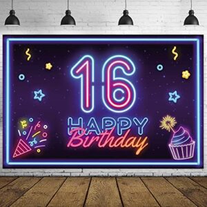 neon happy 16 birthday banner backdrop disco dance neon glow theme decor decorations for let’s glow party boys girls women men sweet 16 16th birthday party supplies glitter