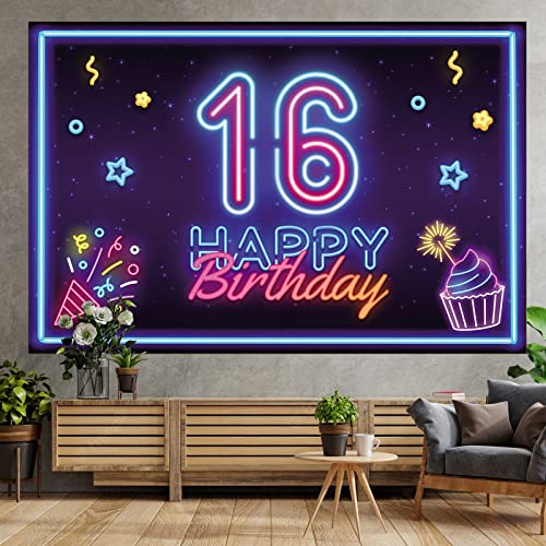 Neon Happy 16 Birthday Banner Backdrop Disco Dance Neon Glow Theme Decor Decorations for Let’s Glow Party Boys Girls Women Men Sweet 16 16th Birthday Party Supplies Glitter
