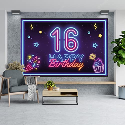 Neon Happy 16 Birthday Banner Backdrop Disco Dance Neon Glow Theme Decor Decorations for Let’s Glow Party Boys Girls Women Men Sweet 16 16th Birthday Party Supplies Glitter