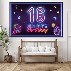 Neon Happy 16 Birthday Banner Backdrop Disco Dance Neon Glow Theme Decor Decorations for Let’s Glow Party Boys Girls Women Men Sweet 16 16th Birthday Party Supplies Glitter