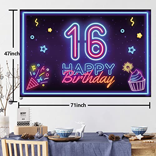 Neon Happy 16 Birthday Banner Backdrop Disco Dance Neon Glow Theme Decor Decorations for Let’s Glow Party Boys Girls Women Men Sweet 16 16th Birthday Party Supplies Glitter