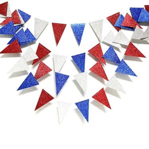 xianmu patriotic pennant banner red blue silver/white triangle flag bunting banner patriotic decorations glitter paper garlands for 4th of july independence day party decorations supplies 40 feet