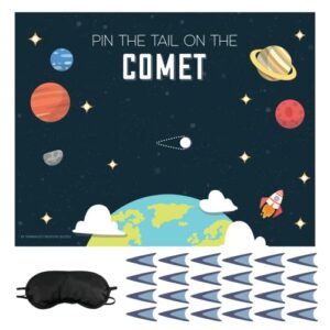 sparkbuzz creations pin the tail on the comet space themed party game, 27” x 21”, includes eye mask and 24 tails