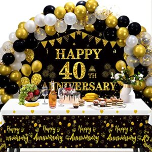 darunaxy 40th wedding anniversary decorations, large happy 40th anniversary banner 70 x 43inch, 60pcs black gold confetti balloons, 2pcs tablecloths for cheer to 40 year party supplies for men women