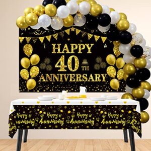 DARUNAXY 40th Wedding Anniversary Decorations, Large Happy 40th Anniversary Banner 70 x 43inch, 60PCS Black Gold Confetti Balloons, 2PCS Tablecloths for Cheer to 40 Year Party Supplies for Men Women