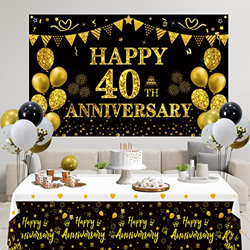 DARUNAXY 40th Wedding Anniversary Decorations, Large Happy 40th Anniversary Banner 70 x 43inch, 60PCS Black Gold Confetti Balloons, 2PCS Tablecloths for Cheer to 40 Year Party Supplies for Men Women