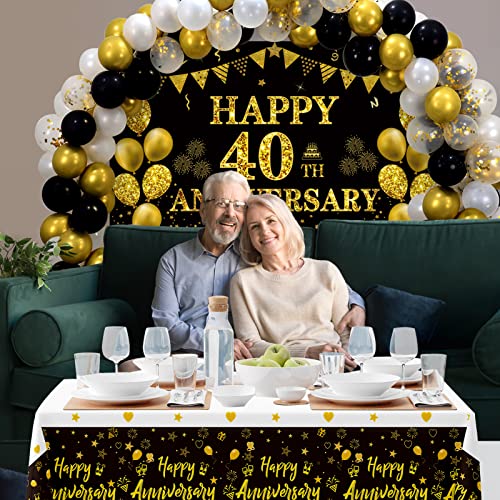 DARUNAXY 40th Wedding Anniversary Decorations, Large Happy 40th Anniversary Banner 70 x 43inch, 60PCS Black Gold Confetti Balloons, 2PCS Tablecloths for Cheer to 40 Year Party Supplies for Men Women