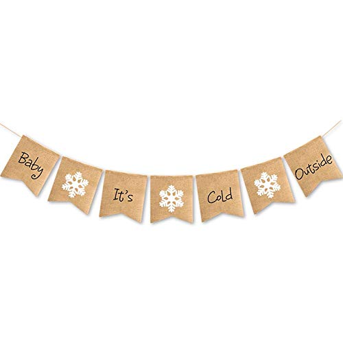 SWYOUN Burlap Baby It's Cold Outside Banner Winter Baby Shower Birthday Party Garland Mantel Fireplace Christmas Party Decoration