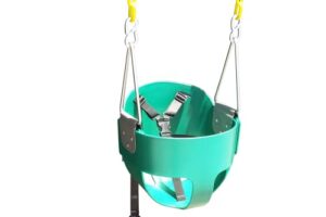 toddler bucket swing seat – patent pending & exclusive safety harness – high back full bucket toddler swing seat w/heavy-duty plastic-coated chains – safari products usa