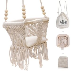 zellovy organic macrame baby swing chair with cushion & portable canvas backpack | boho baby swing outdoor indoor infants & toddler | hanging rope baby gift swing | handmade crochet baby hammock swing