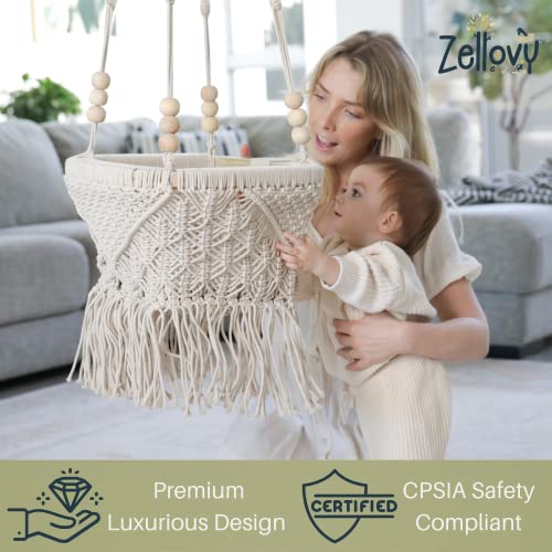 ZELLOVY Organic Macrame Baby Swing Chair with Cushion & Portable Canvas Backpack | Boho Baby Swing Outdoor Indoor Infants & Toddler | Hanging Rope Baby Gift Swing | Handmade Crochet Baby Hammock Swing